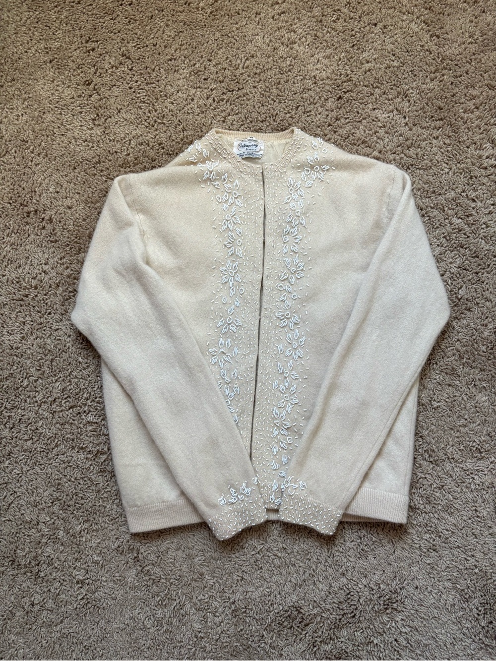 Vintage Cream Embroidered Knit Cardigan Sweater